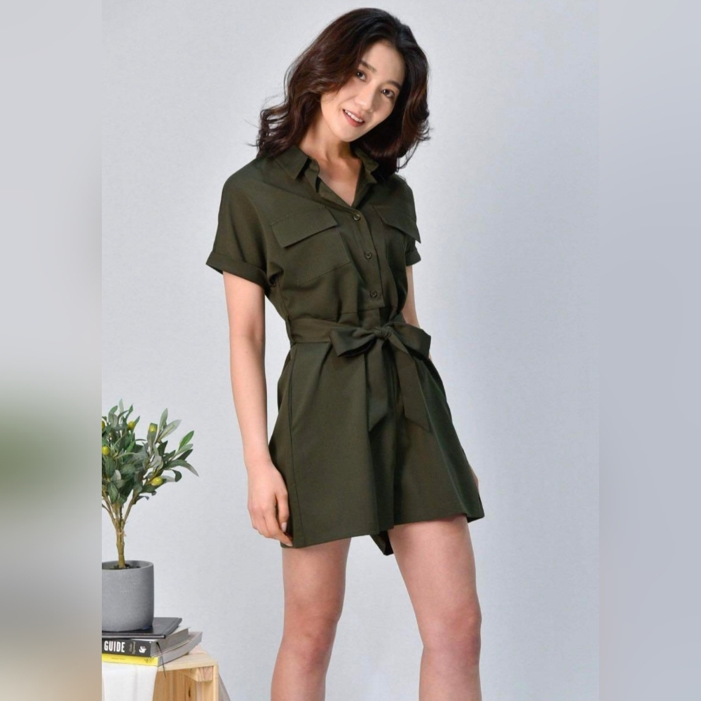 Chic Olive Green/Army Green Romper with Belt/Sash - Size L